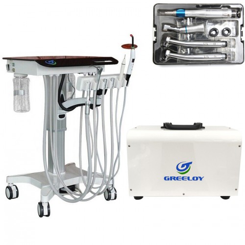 US STOCK! Greeloy GU-P302S Mobile Dental Cart Unit with Compressor + Curing Light + Scaler + Handpiece Kit